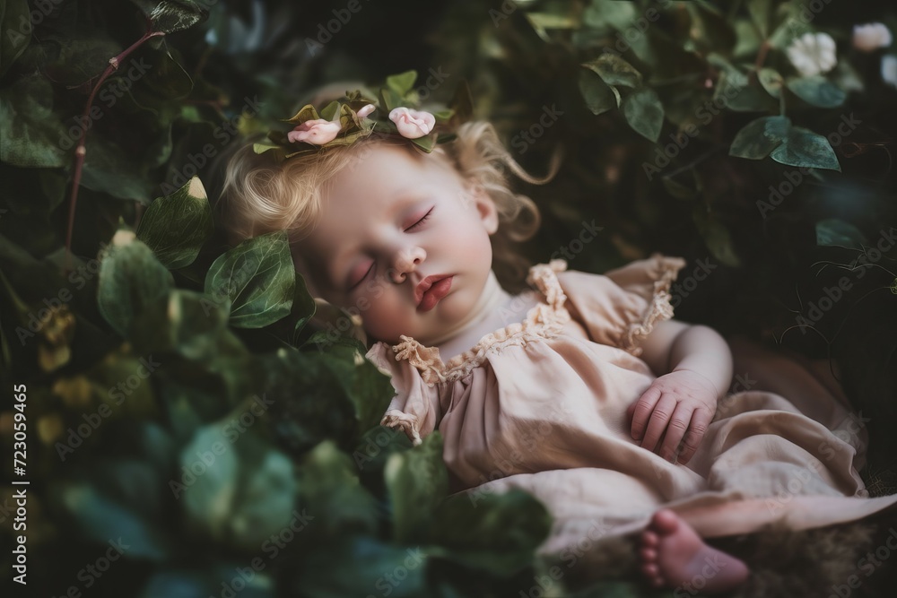 Infant girl baby sweet sleeping in green nature. Little cute innocent newborn naptime portrait. Generate ai