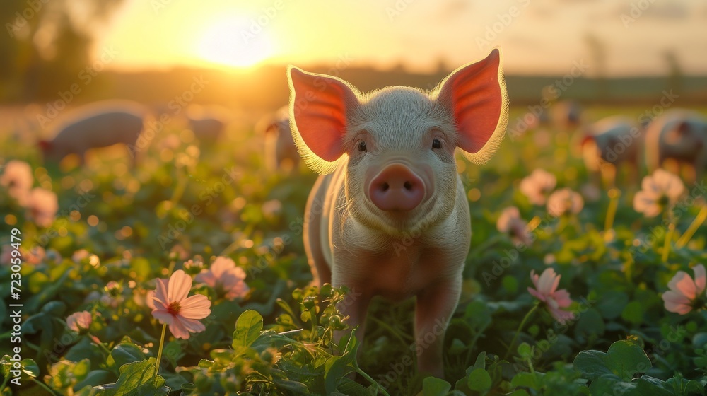 pigs on a field with amazing light 
