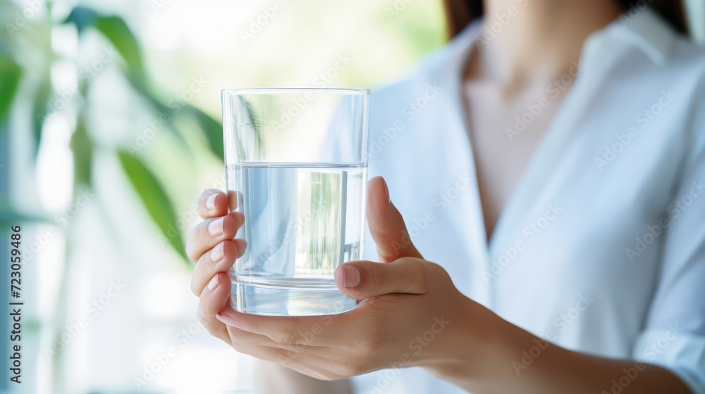 A Health concept. Horizontal banner image, on foreground caucasian female hand holds glass of clear water give to camera smiling selective close up focus. A Health concept. Horizontal banner image, on foreground caucasian female hand holds glass of clear water give to camera smiling selective close up focus.