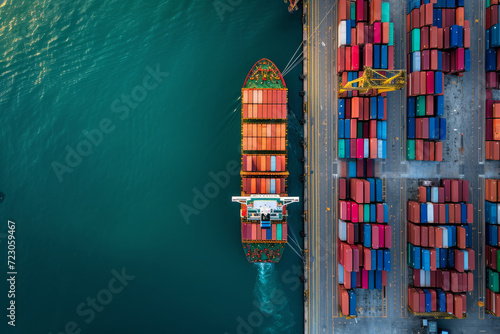 Aerial view of cargo carrying full container for logistic transportation, large ship in ocean freight shipping, and business commerce maritime. 