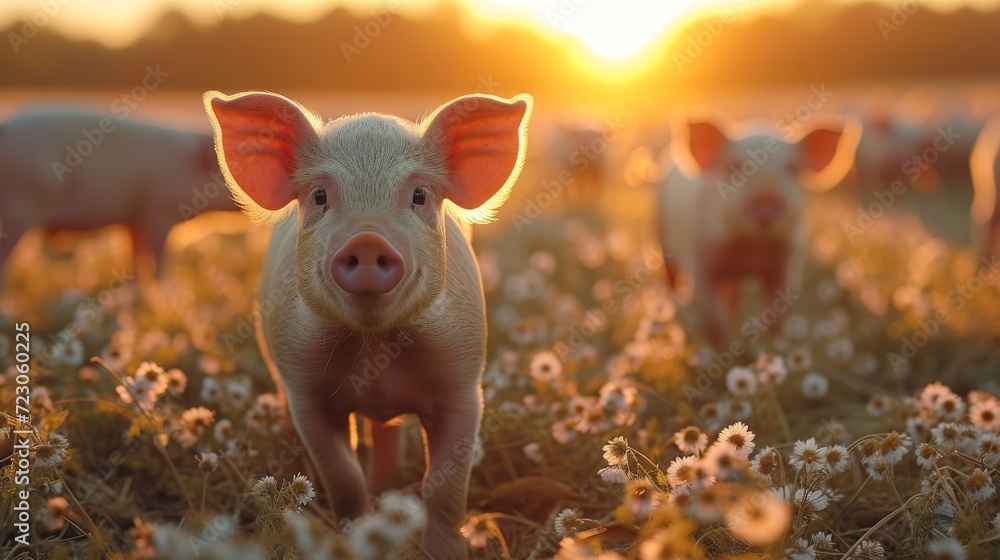 pigs on a field with amazing light pigs on a field with amazing light