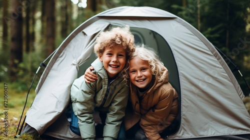 Joyful Childhood Camping Adventure. Two Smiling Boys Hugging in Tent Entrance, Autumn Forest Camping Trip Concept © AspctStyle