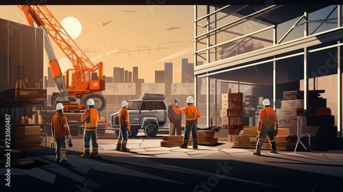 A Vector illustration of builders, construction site, workers