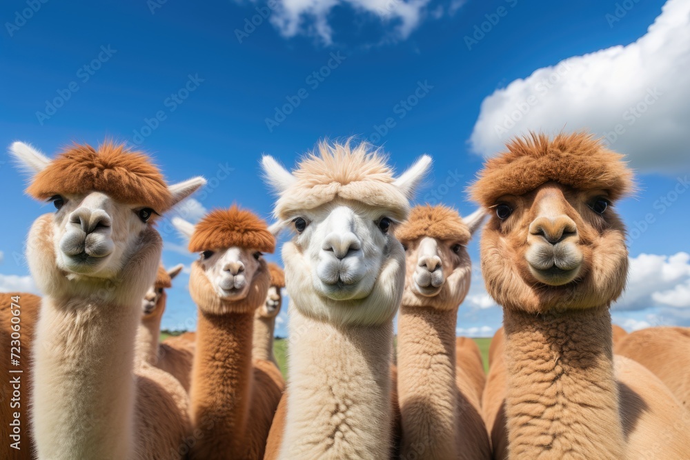 A group of llamas are standing closely together in a field, displaying their unique woolly coats and peaceful demeanor.