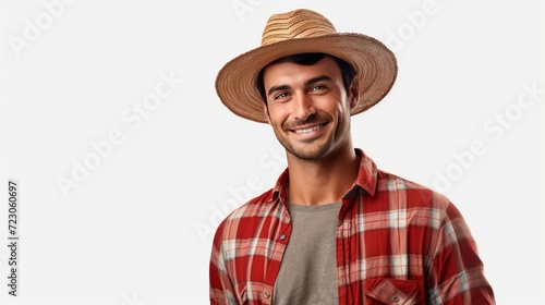 Agriculture, Confident Farmer Wearing a wide-brimmed hat and a red striped shirt, standing looking at the camera, isolated on a white transparent background.