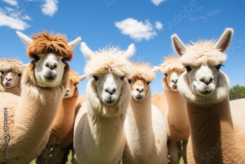 A group of llamas, large domesticated mammals, standing next to each other in a field.