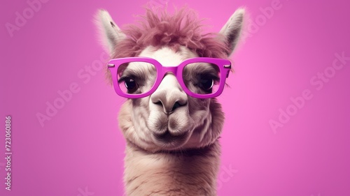 A llama with pink glasses stands against a pink background, bringing a pop of color to the scene.