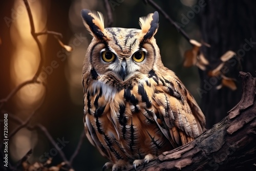 An owl with piercing eyes is perched on a thick tree branch, alert and observant. © pham