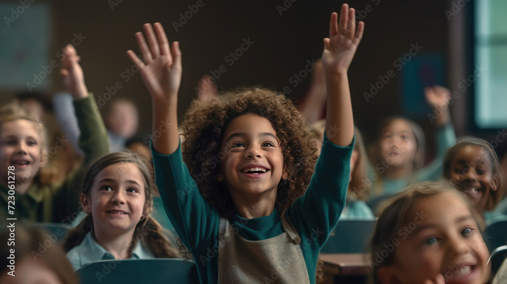 Children raise their hands in class Children raise their hands in class