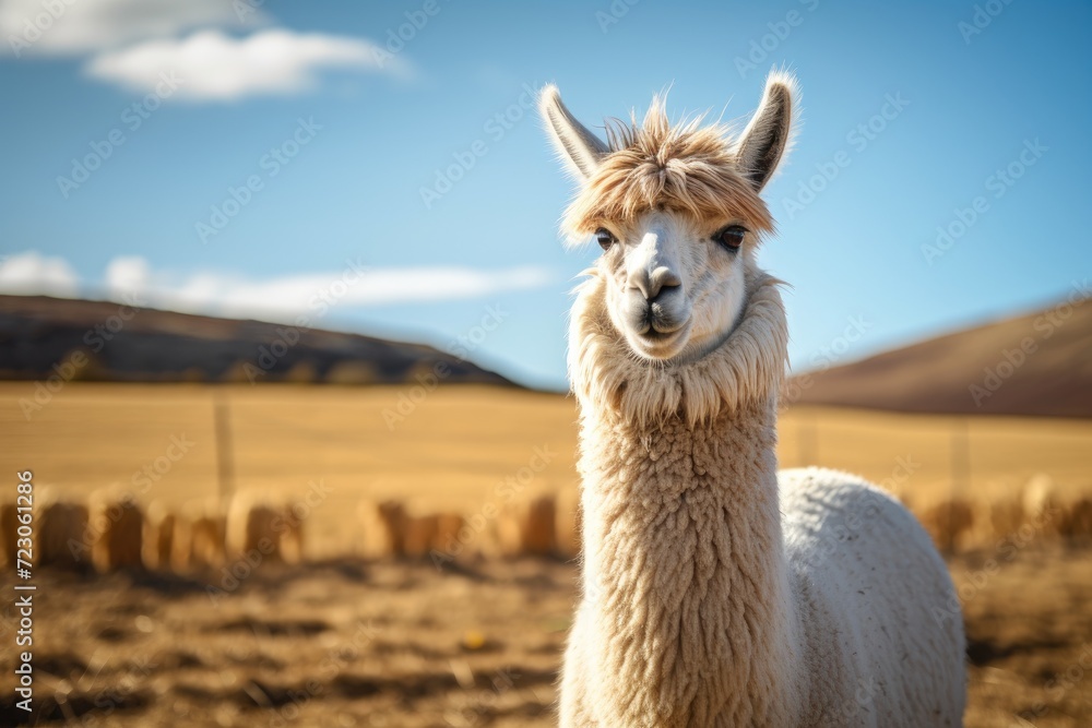 A llama stands in a field with hay in the background.