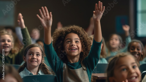 Children raise their hands in class