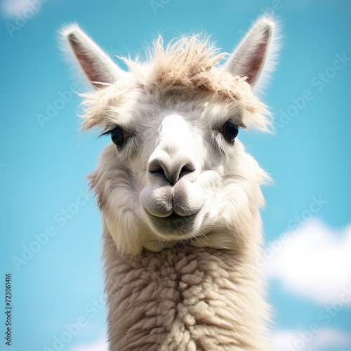 A detailed photograph showcasing a llama up close against the backdrop of a clear blue sky. © pham