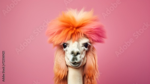 A llama up close wearing a wig, showcasing its unique hairstyle.