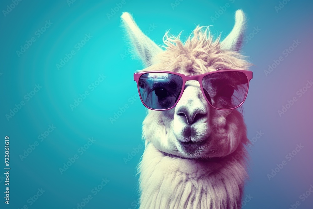 A llama with sunglasses poses in front of a vibrant blue backdrop.
