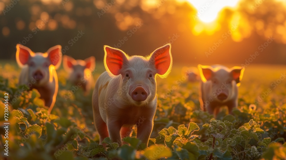 pigs on a field with amazing light pigs on a field with amazing light