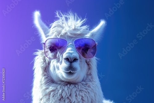 A llama wearing sunglasses stands against a vibrant purple background. © pham