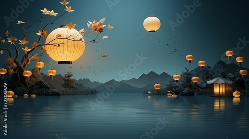Card for Mid autumn festival, lanterns flying in the sky and full moon. Caption translation Happy Mid Autumn festival.