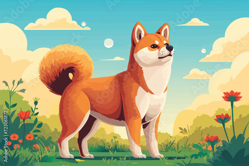 Cute shiba inu puppy dog outside in the blue sky