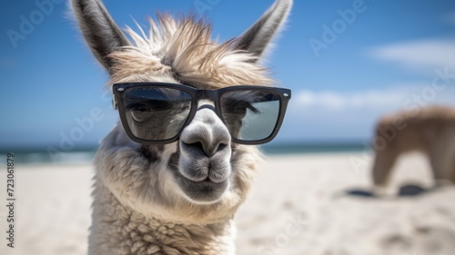 A llama confidently wears sunglasses while enjoying the beach. © pham
