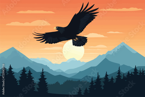 Silhouette of a Eagle flying in the sky, Eagle bird flying at nature, Eagle flying over the forest at sunset © Creative_Design