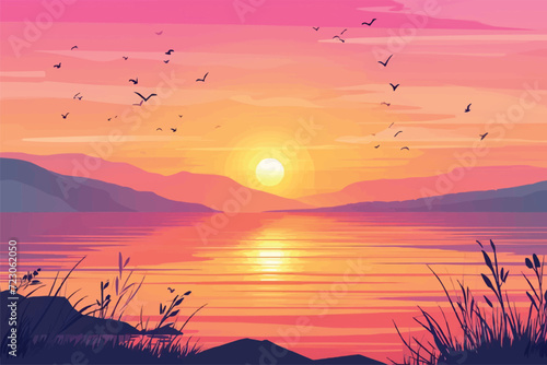 Flying birds silhouettes on sunset sky, Birds flying over the sea