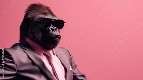 A gorilla stands confidently in a suit and sunglasses at a zoo, exuding a unique sense of style.