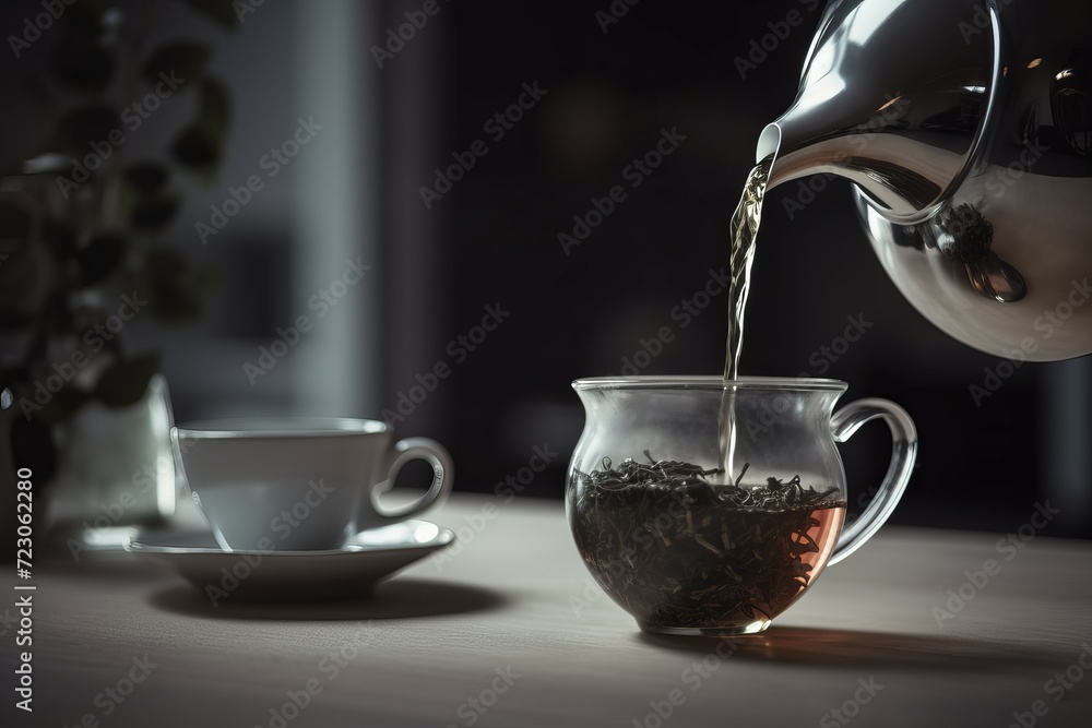 Grey herbal tea infusion. Pouring hot water on dried aromatic leaves. Generate ai - obrazy, fototapety, plakaty 