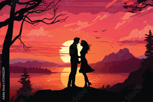 Silhouette of a couple, silhouette of a romantic couple enjoying beautiful sunset