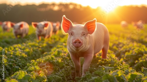 pigs on a field with amazing light 
