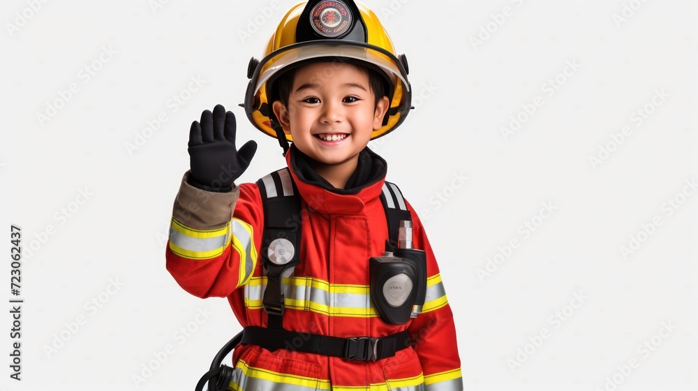 A Happy boy wearing firefighter uniform, little firefighter and fire extinguishing equipment, firefighter career adventure concept. on empty space on a white isolated transparent background. A Happy boy wearing firefighter uniform, little firefighter and fire extinguishing equipment, firefighter career adventure concept. on empty space on a white isolated transparent background.