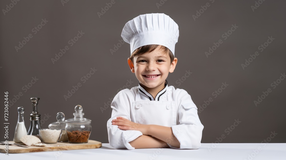 A Cooking, happy boy wearing chef's uniform. Little cook and kitchen equipment. Cooking concepts in the chef profession On empty space on white transparent background isolated A Cooking, happy boy wearing chef's uniform. Little cook and kitchen equipment. Cooking concepts in the chef profession On empty space on white transparent background isolated