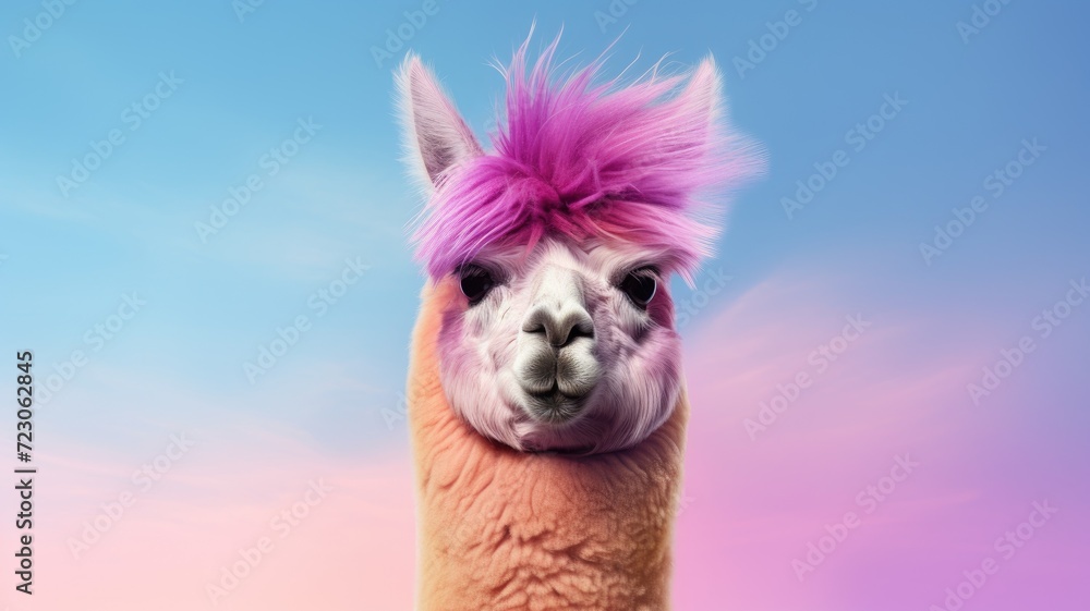A llama with pink hair stands in front of a backdrop of a vibrant blue sky.