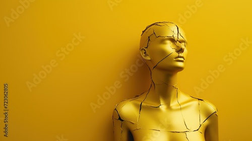 A golden mannequin with a cracked surface texture set against a vivid yellow background, creating a powerful metaphor for imperfection and beauty.