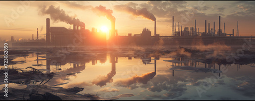 Sun sets behind smoke-emitting industrial factories, reflecting in a still, polluted water surface with debris..