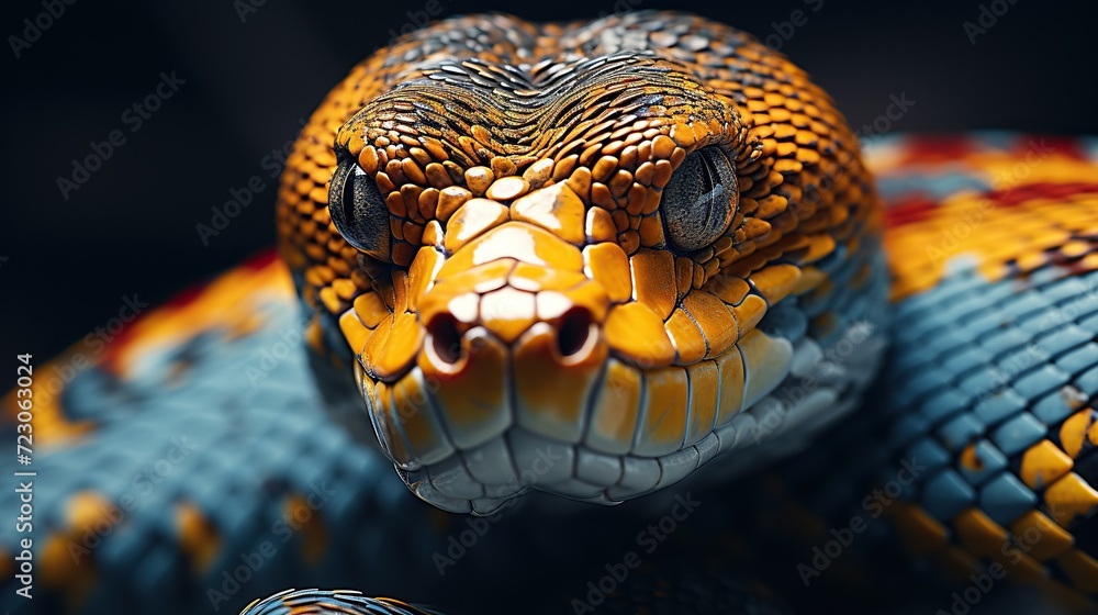 Fototapeta premium An up-close portrait of a python, with intricate scales detailed in orange, yellow, and black, showcasing the mesmerizing eyes and texture of this exotic reptile.