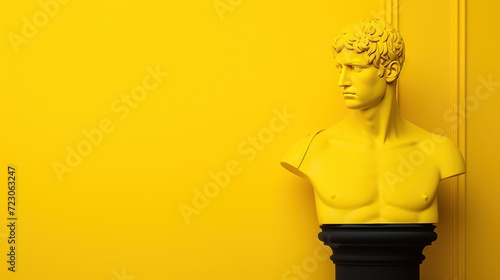 A classic sculpture is given a contemporary update with a vibrant yellow color against a matching yellow background, highlighting a blend of ancient artistry with modern aesthetics.