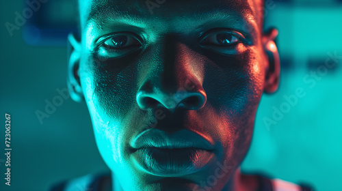 sports man poc basketball player with red and green gel lighting in close up photo