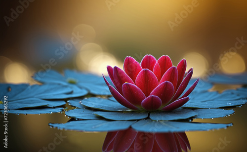 Red lotus flower on golden yellow light background on a lake, water drops. AI generated
