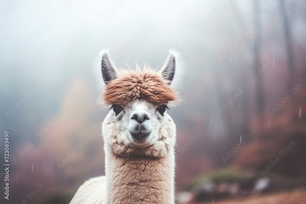 A llama with a brown hat on its head stands in a field, showcasing its unique accessory.