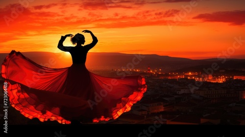 Silhouette of a Mexican dancer woman in a red dress, a beautiful sunset sky over the city. Generative ai