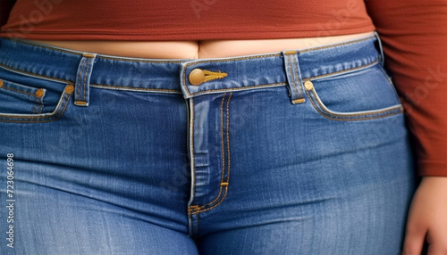 Troubled overweight woman in tight jeans clothes. Big chubby bellied in pants. Overweight person with too small clothes