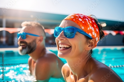 Cheerful Senior Couple in Swimming Gear Enjoying Pool Time Together. Active Retirement and Healthy Lifestyle Concept © AspctStyle