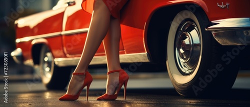 A woman in red high heels and a classic red car low-angle close-up shot. Generative ai photo