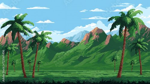 8 bit pixel art game  tropic jungle forest landscape with palms  cartoon vector background. Arcade video game level map or GUI interface with 8bit pixel jungle mountains and green tropical valley