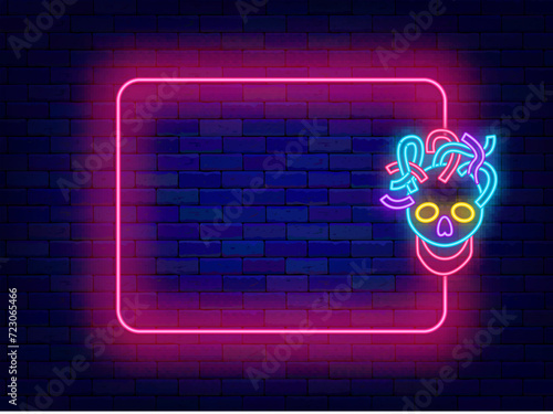 Neural network neon banner. Robot brain. Human skull with wires and empty pink frame. Vector illustration