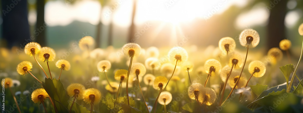 Beautiful spring summer bright natural background with colorful dandelion flowers close up.