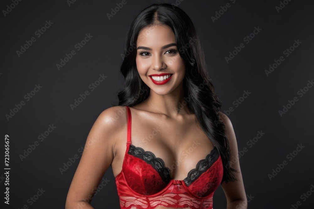 Beautiful latin young smiling woman model with long black hair in sexy luxury red lingerie on dark background. Generative AI Beautiful latin young smiling woman model with long black hair in sexy luxury red lingerie on dark background. Generative AI