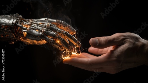 Robot hand touching a human hand on a dark black background, An electric spark between human and robot fingertips. Generative ai