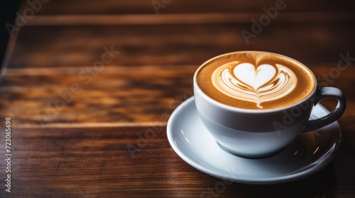Coffee latte with heart shape. Cup of cappuccino on a wooden table. Generative ai photo