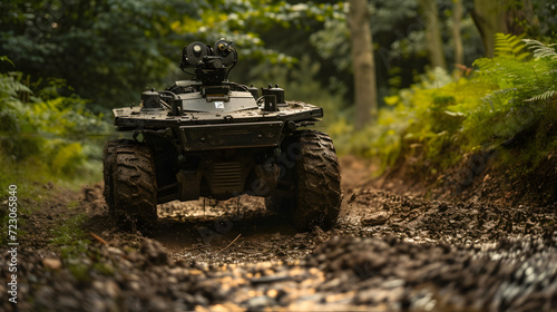 Advanced military combat car remote control on the muddy road in the middle of the forest